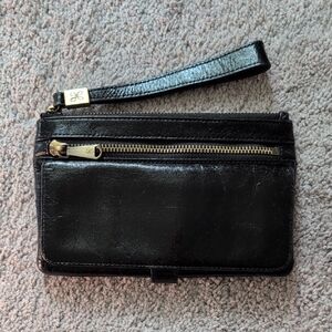 Black Leather Wristlet with Gold Accents